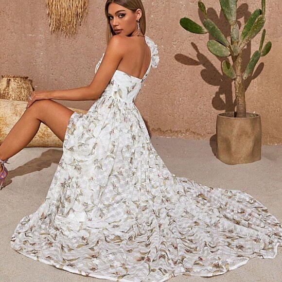 White Boho Womens One Shoulder Ruffle Trim Split Thigh Lace Dress - Picture 4 of 5